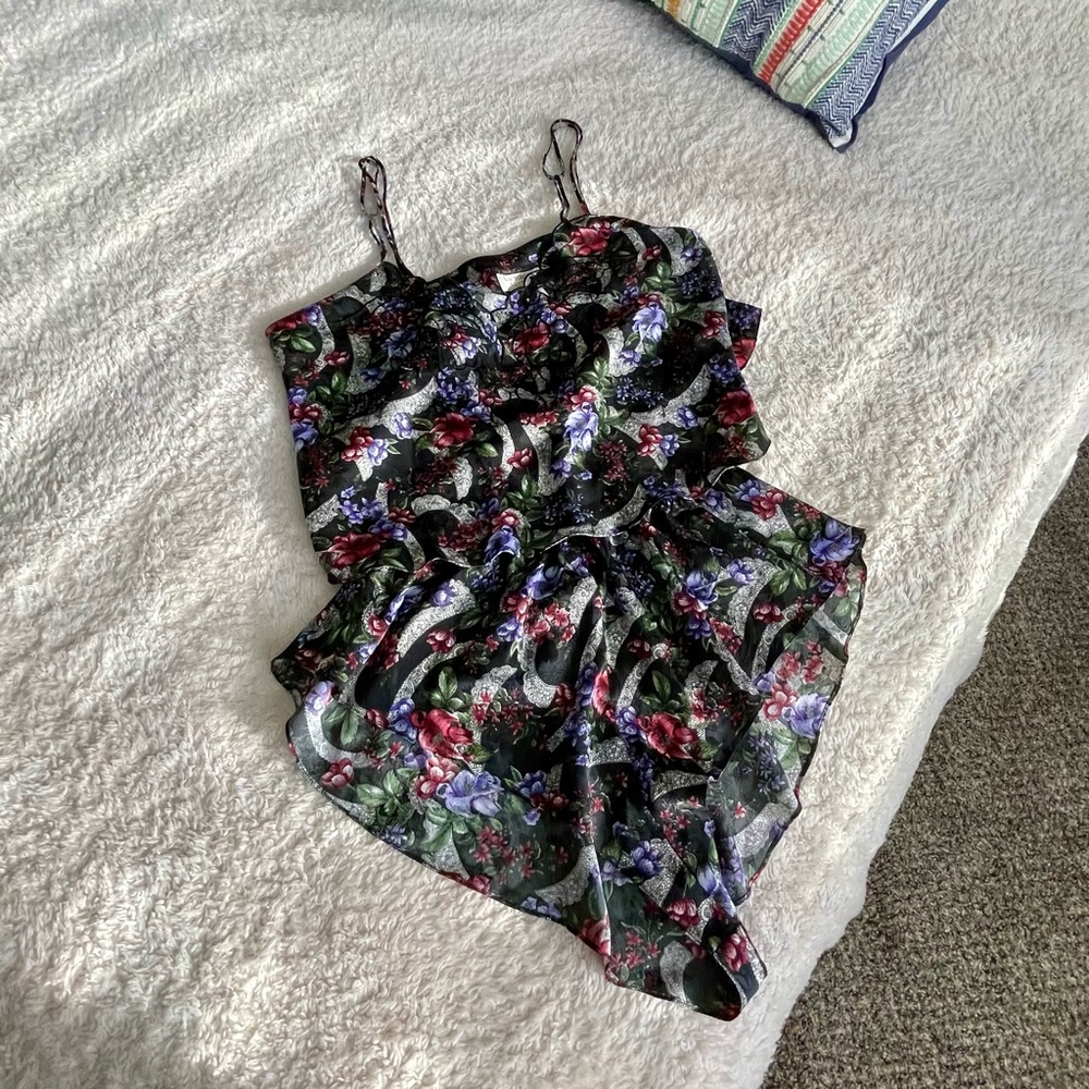 Vintage Gold Label Victoria's Secret Black Red Purple Floral Two Piece Satin Set